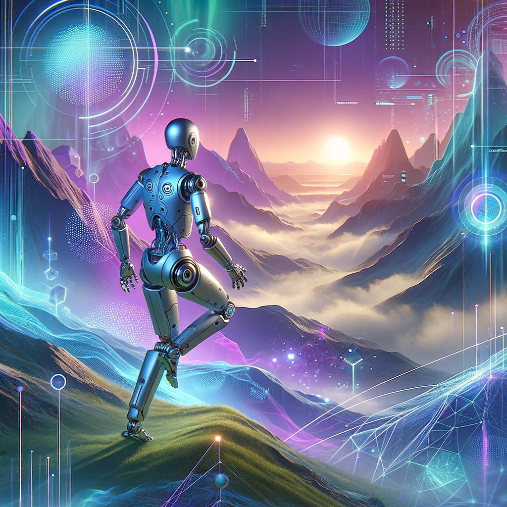 DALL·E 2024-04-18 12.18.46 - A futuristic and adventurous digital newsletter cover titled 'KI-Abenteuer'. This version features a humanoid robot exploring a surreal digital landsc auf ins KI-Abenteuer