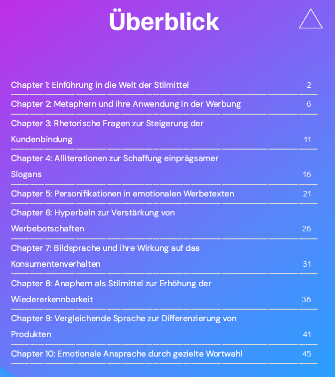 Inhaltsverzeichnis E-Book "Stilmittel für Werbetexte"